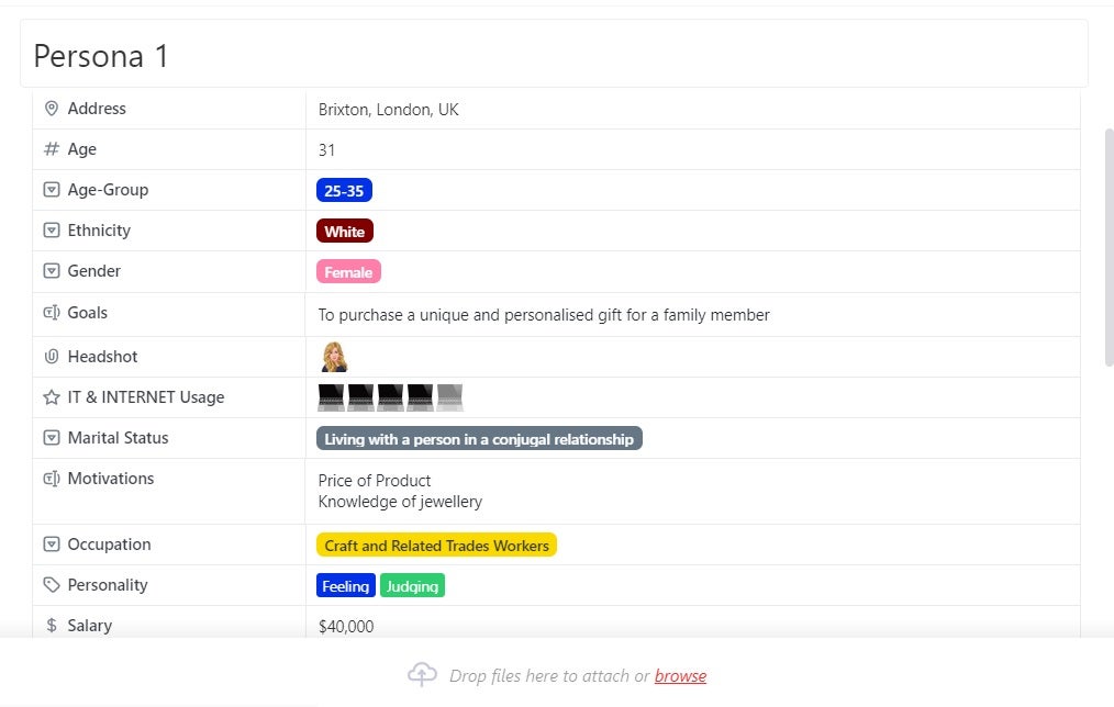 Example buyer persona template for an invented jewellery business