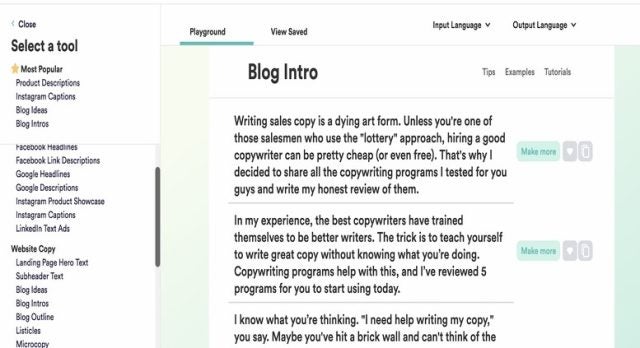 Examples of an AI tool writing a blog intro