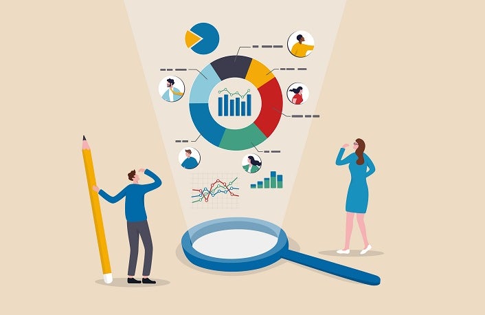 Market research, marketing or advertising survey to launch product, competitors research or social media report marketing report concept, business people look at magnify market data chart and graph.