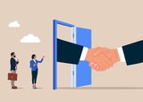 Handshake welcome and introduce new staff to team. Warm welcome to new office. Flat vector illustration