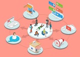 Omnichannel flat isometric vector concept. Customers surrounded by many communication types with seller.