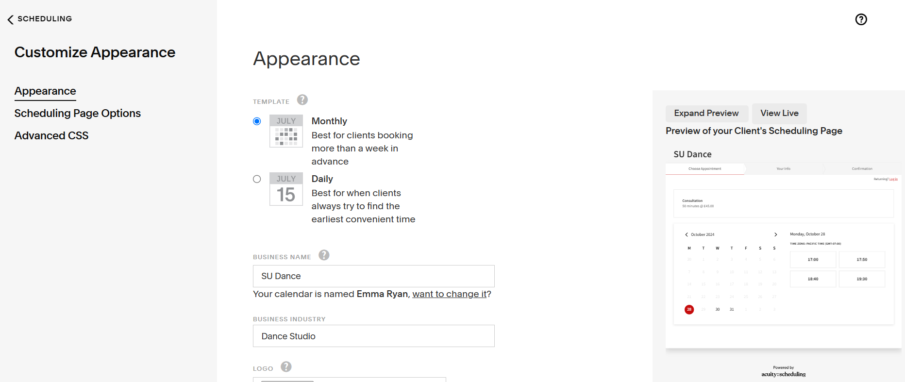 Page to edit the appearance of your scheduling page in Acuity Scheduling