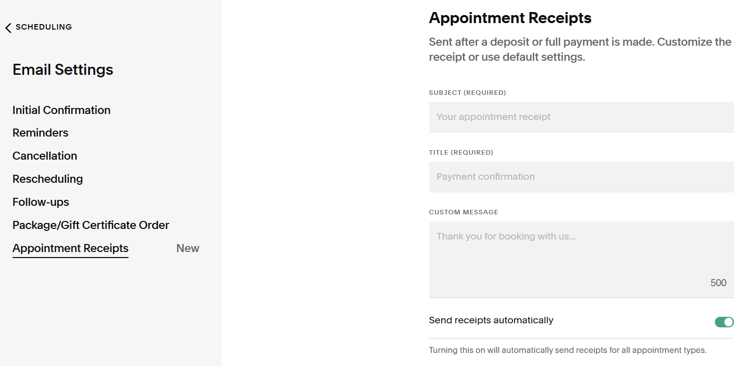 Email settings to set appointment receipts in Squarespace Acuity Scheduling tool