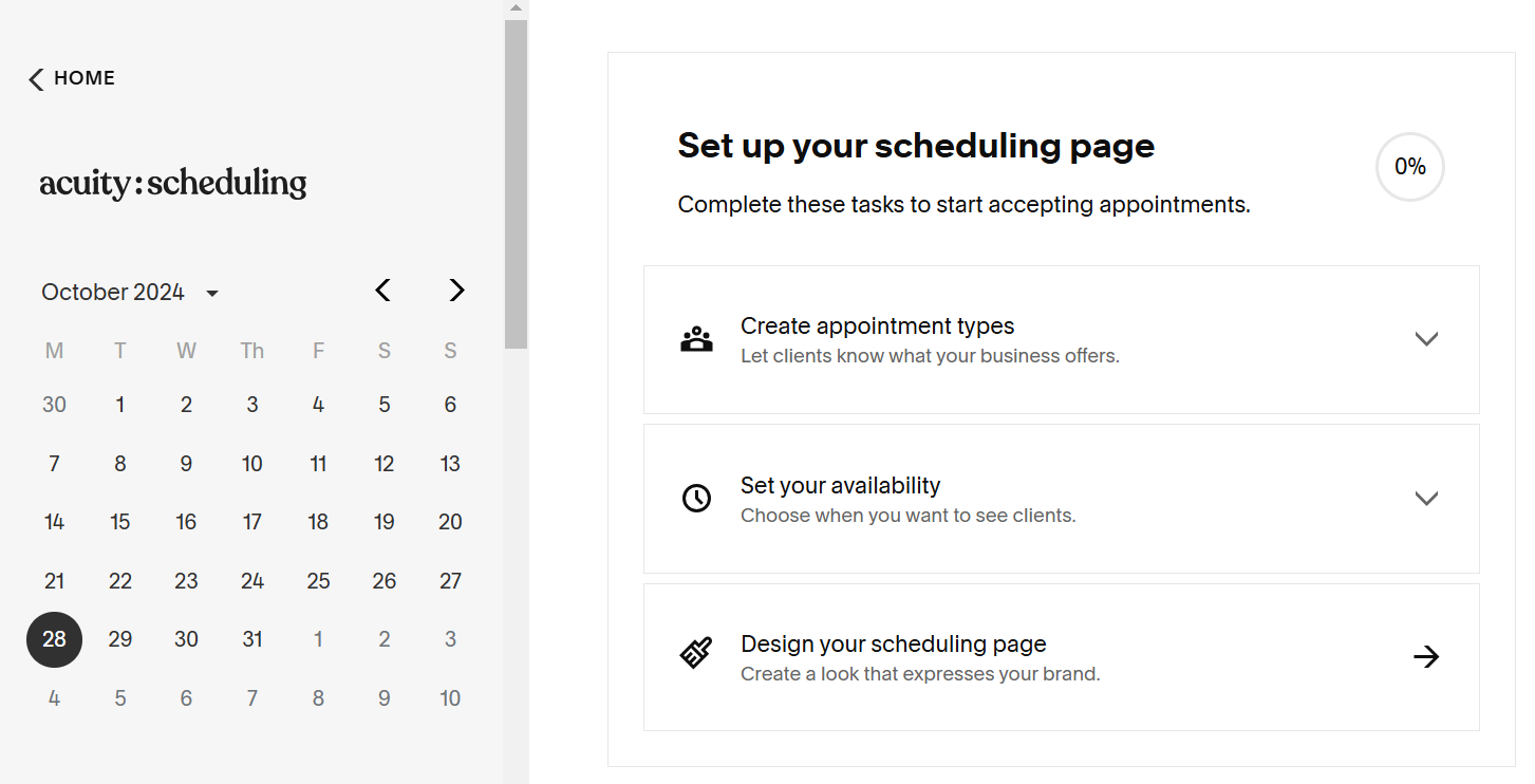 Dashboard and onboarding steps when using Acuity Scheduling