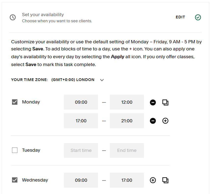 Form to set availability in Acuity Scheduling, with certain weekdays selected