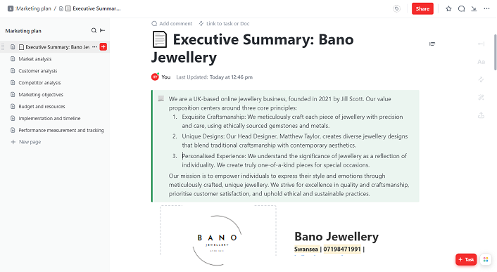 Example Executive Summary template for a marketing plan for an invented jewellery business