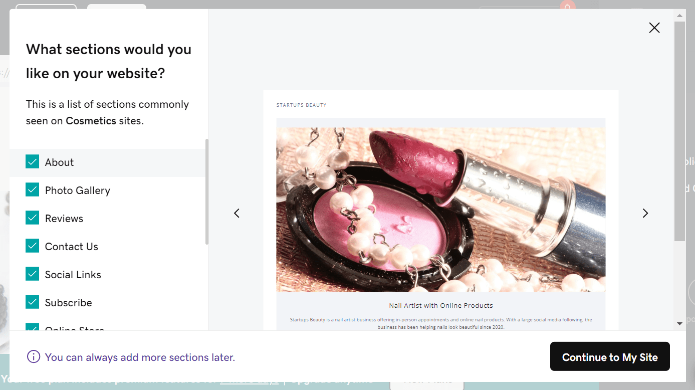 GoDaddy website editor pop up asking what sections you'd like to include in your site structure
