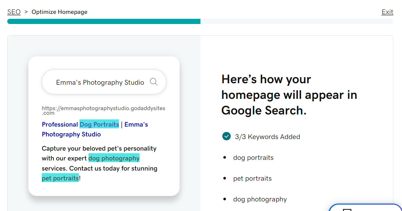 GoDaddy's personalised SEO feature for a photography studio website