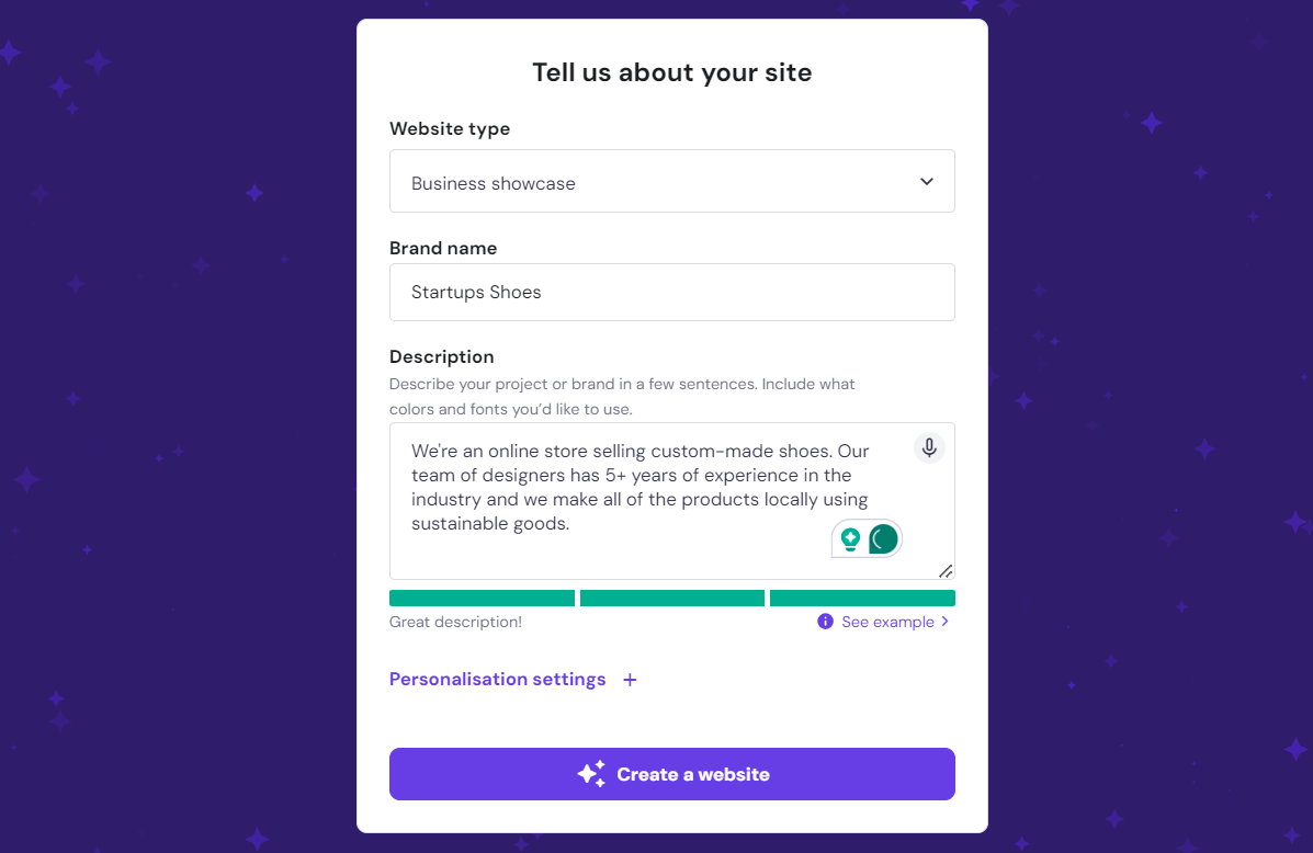 Hostinger's AI website builder form asking for details about your site