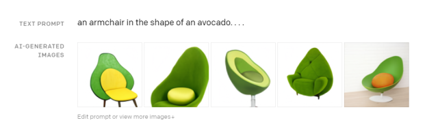 Different examples of an avocado chair designed by Dall.E 