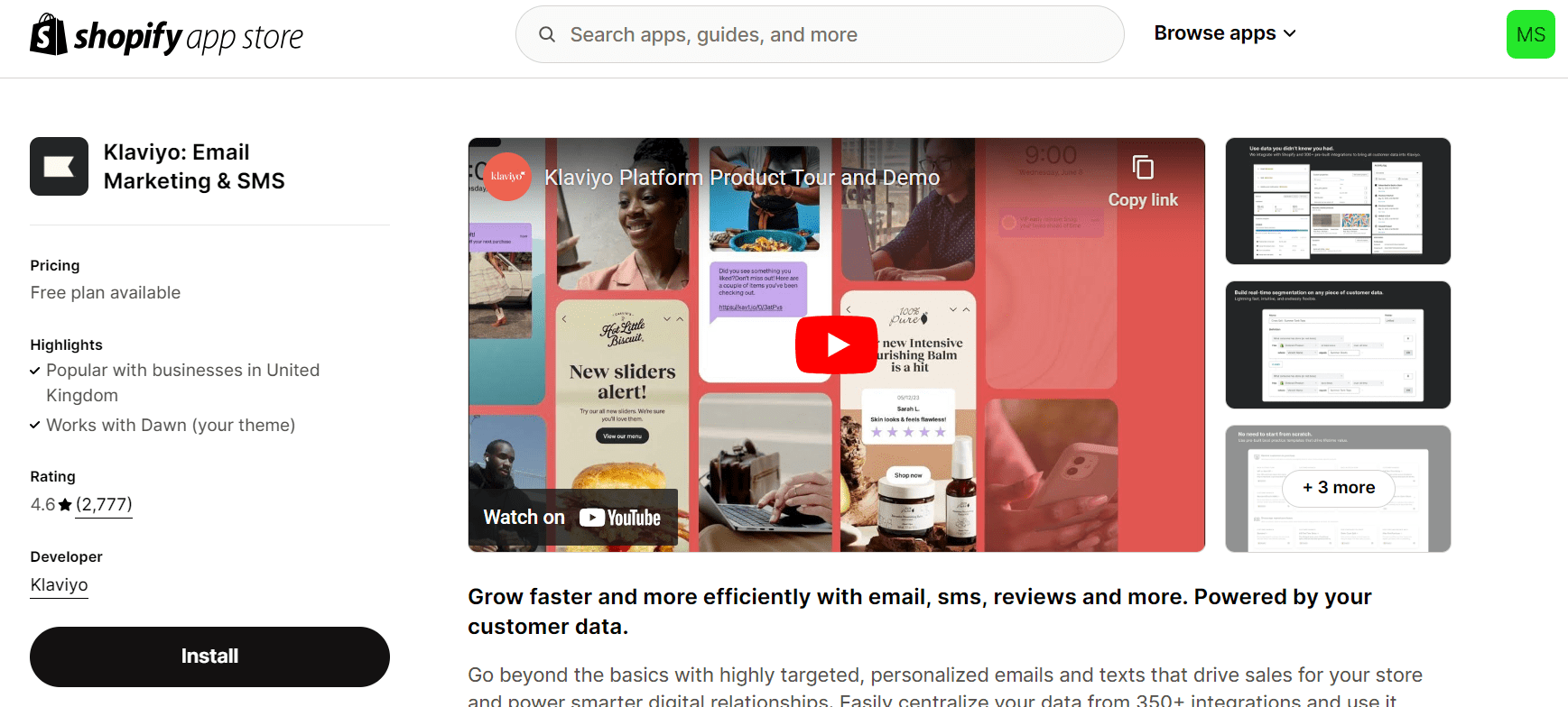 Klaviyo app page in Shopify's app store with a button to "Install"