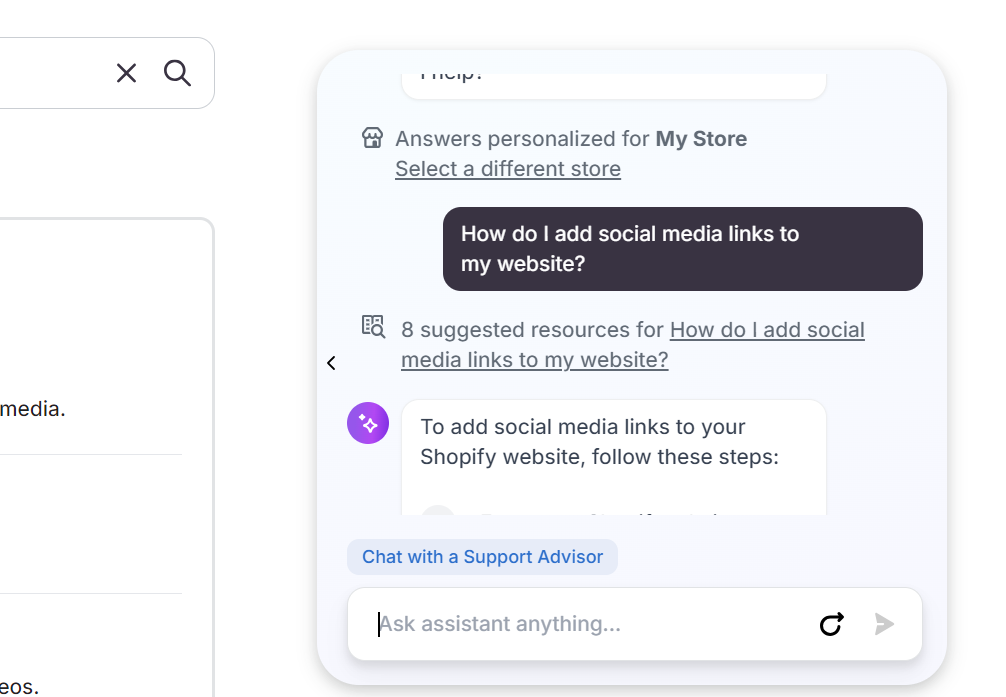 Shopify's live chat responding to a question about adding social media links to a website