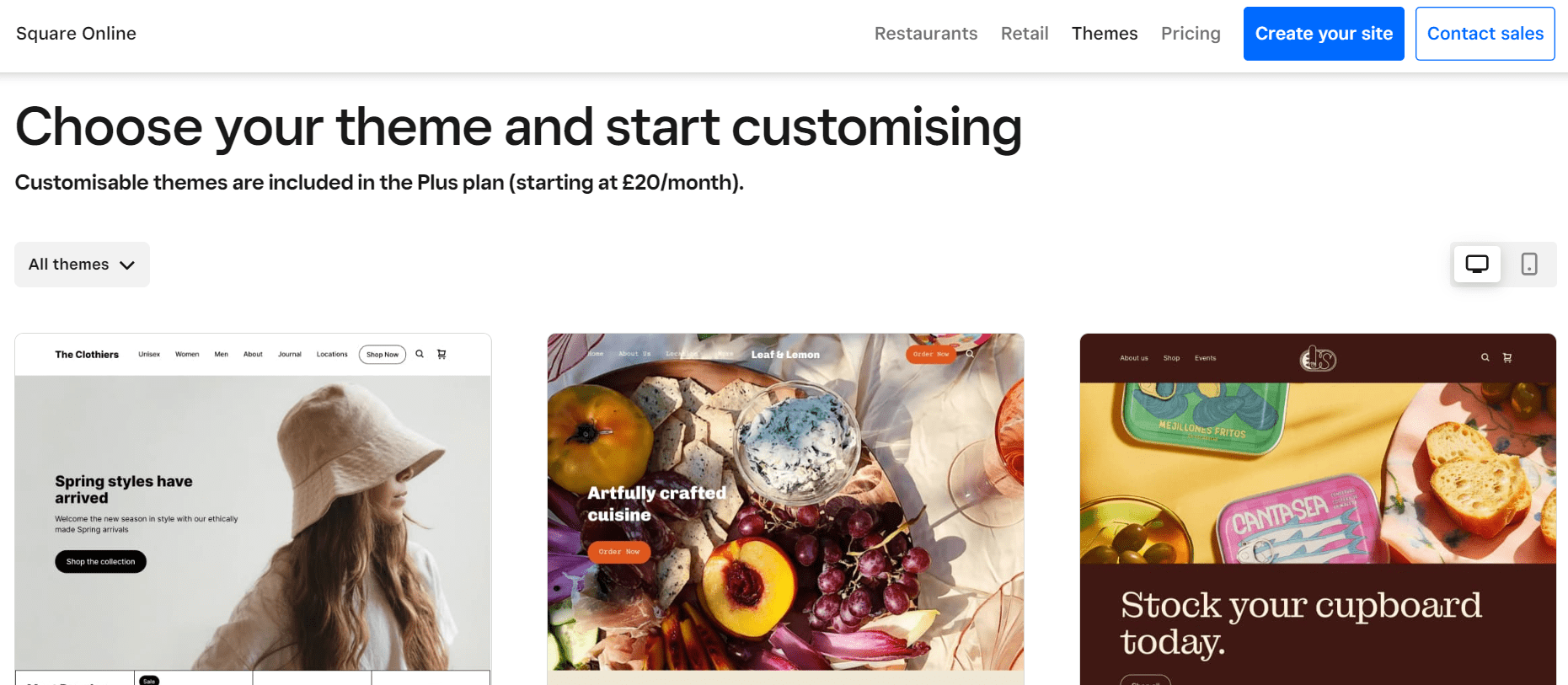 Square Online's premium customisable templates