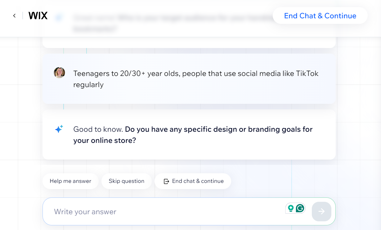 Wix AI chatbot asking questions to generate a website