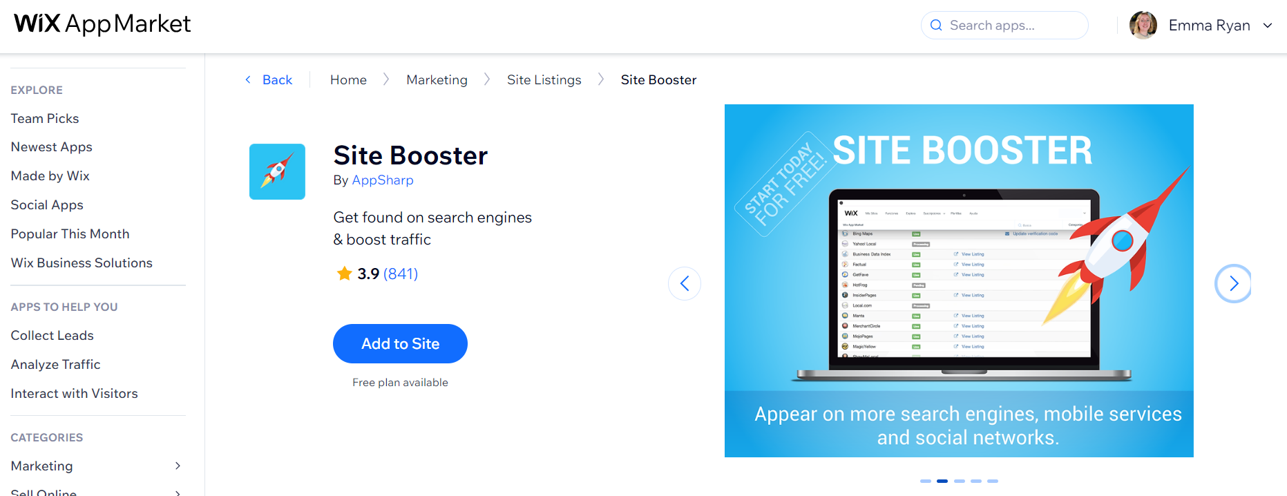 Product page for the Site Booster app in Wix's app market