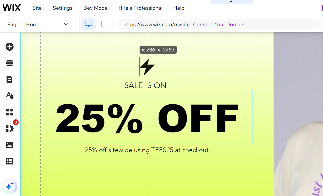 Wix's drag and drop editor with a shop sale element on display