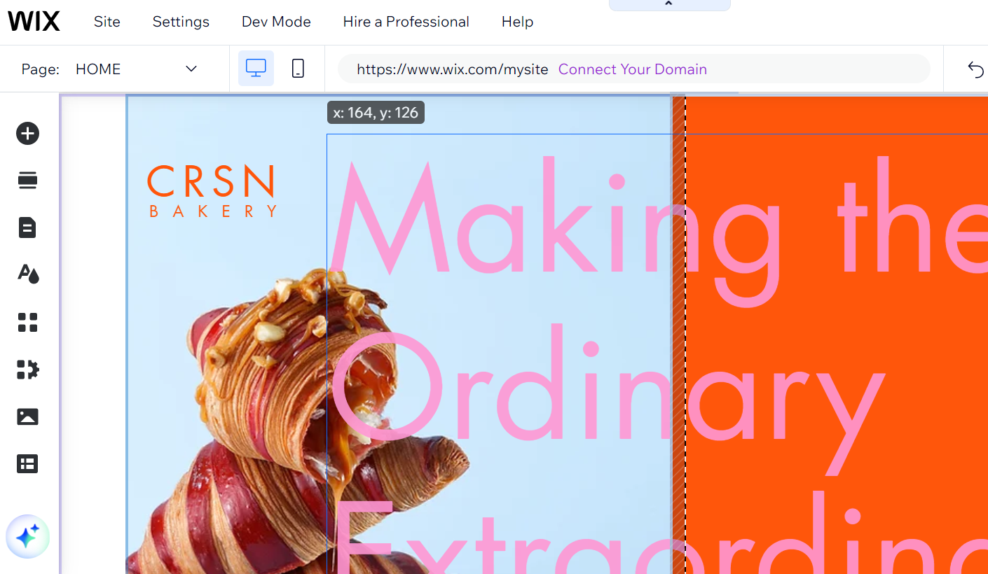 Wix's drag-and-drop editor in action, moving a text box on the homepage of a bakery website