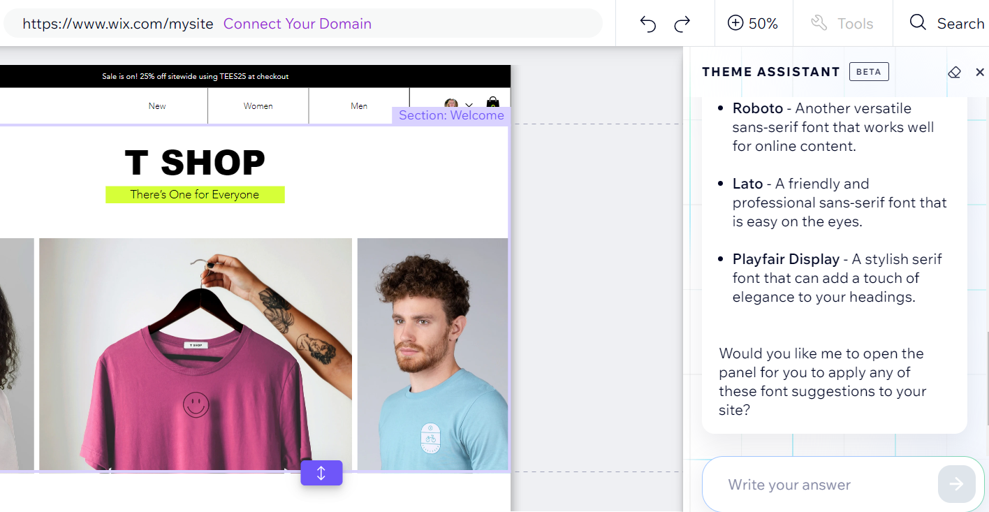 Wix's website theme assistant offering advice on fonts